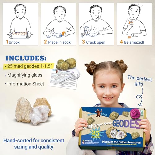DANCING BEAR 25 Break Your Own Geodes, (Medium 1-1.5") 90% Hollow, Crack Open & Discover Amazing Surprise Crystals Inside! Educational Info and Instructions Included, Fun Party Favors & Prizes - Image 2