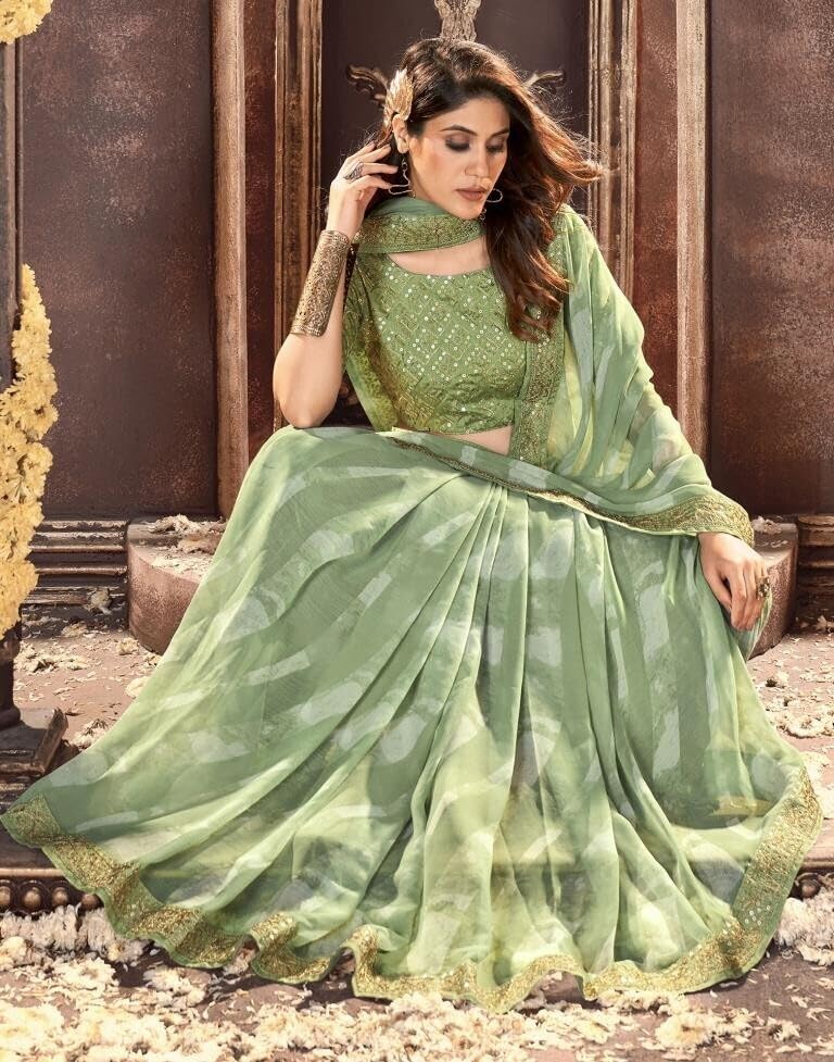 Shiv Textiles Women's Georgette Leheriya & Lace Border Saree(SAT-531S-MINT GREEN) - Image 2
