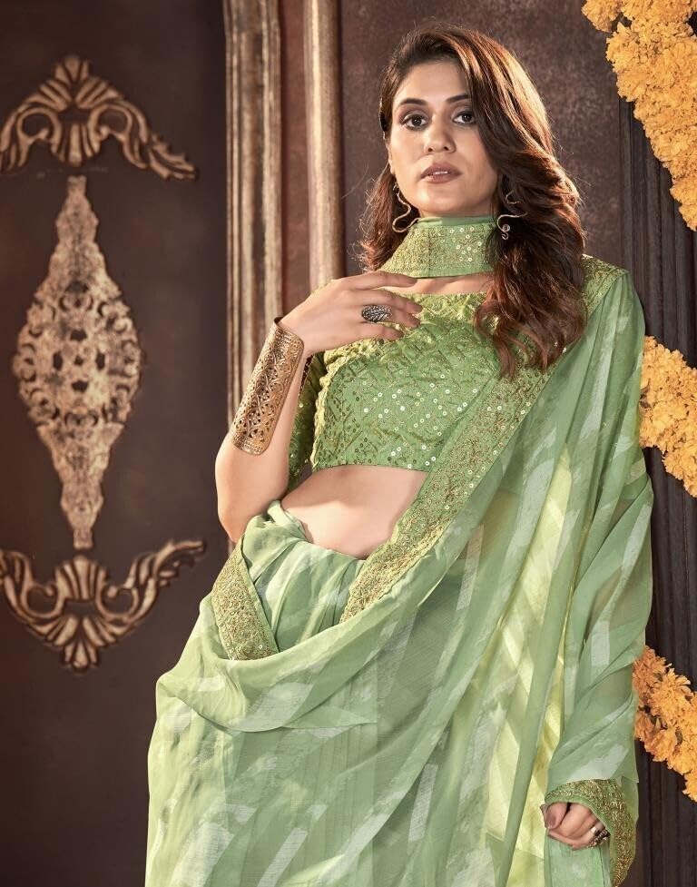 Shiv Textiles Women's Georgette Leheriya & Lace Border Saree(SAT-531S-MINT GREEN) - Image 4