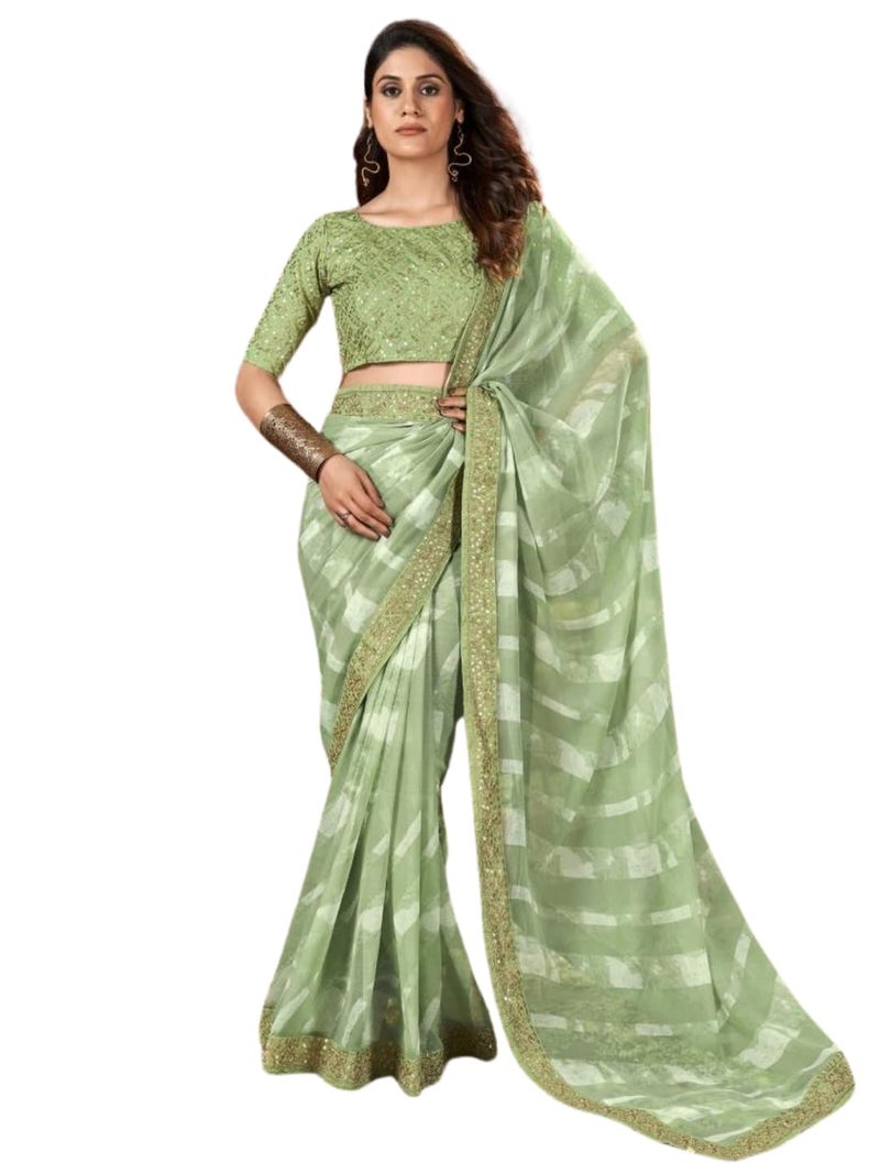 Shiv Textiles Women's Georgette Leheriya & Lace Border Saree(SAT-531S-MINT GREEN) - Image 1