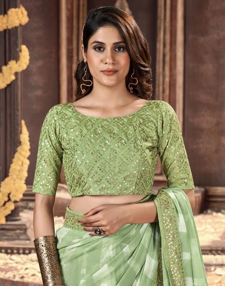 Shiv Textiles Women's Georgette Leheriya & Lace Border Saree(SAT-531S-MINT GREEN) - Image 3