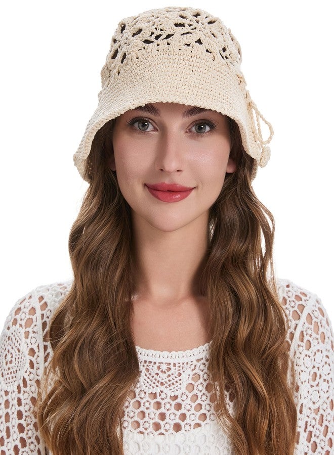 ZLYC قبعة دلو قطنية نسائية من ZLYC، مصنوعة يدوياً من الكروشيه المحبوك بنقوش زهرية، قبعات دلو صيفية (كروشيه بيج) - Image 3