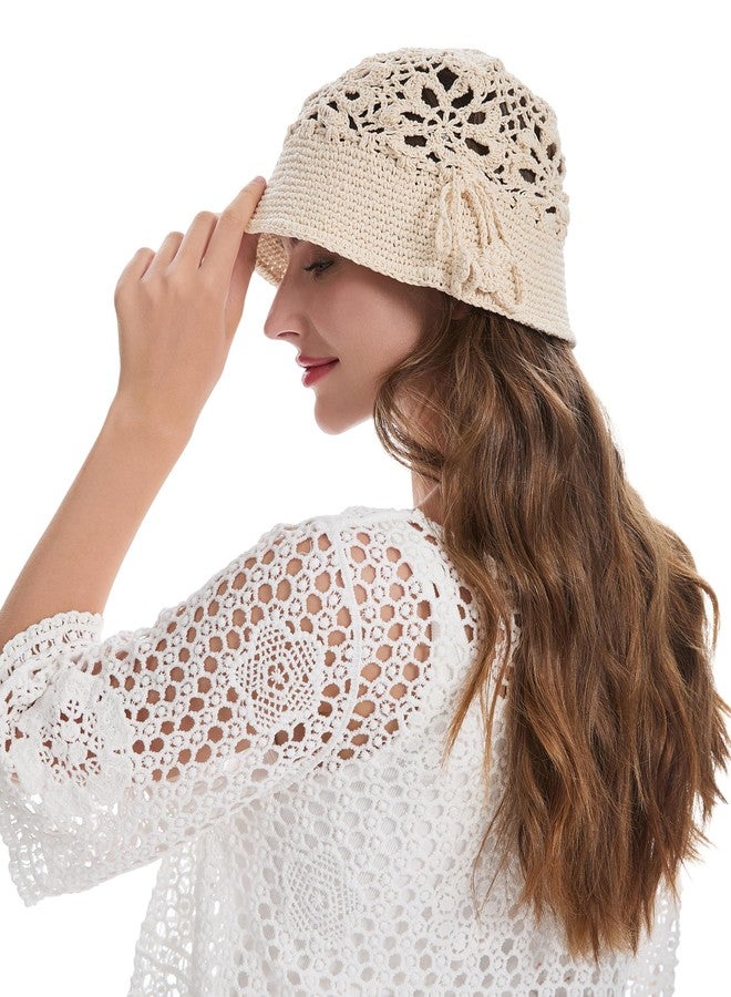 ZLYC قبعة دلو قطنية نسائية من ZLYC، مصنوعة يدوياً من الكروشيه المحبوك بنقوش زهرية، قبعات دلو صيفية (كروشيه بيج) - Image 4