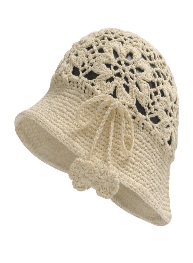 ZLYC قبعة دلو قطنية نسائية من ZLYC، مصنوعة يدوياً من الكروشيه المحبوك بنقوش زهرية، قبعات دلو صيفية (كروشيه بيج) - Image 1