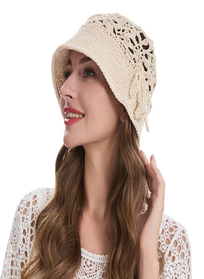 ZLYC قبعة دلو قطنية نسائية من ZLYC، مصنوعة يدوياً من الكروشيه المحبوك بنقوش زهرية، قبعات دلو صيفية (كروشيه بيج) - Image 2