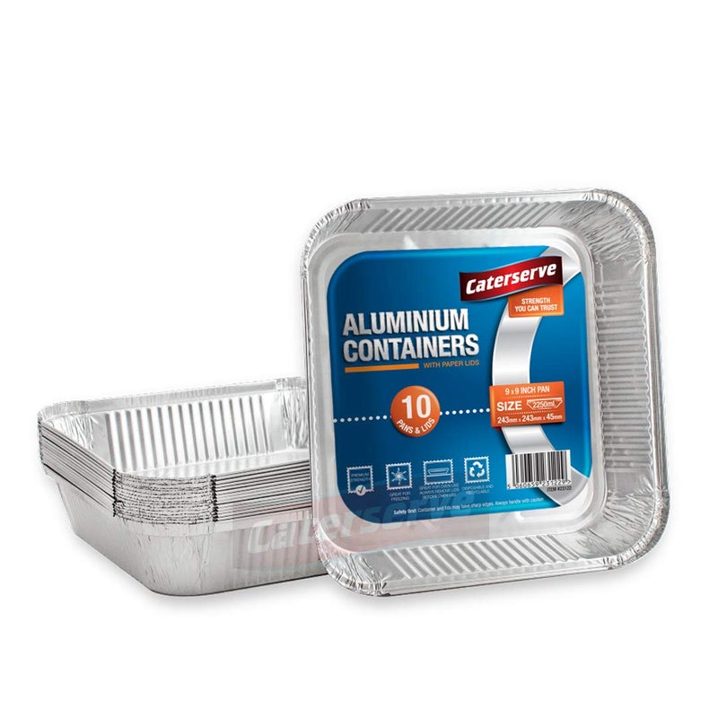 Caterserve 10 Aluminium Foil Trays with Lids  Large Tin Foil Containers with Paper Lids for Roasting Baking Broiling Cooking Food Storage and Freezing  9 x 9 inch Square
