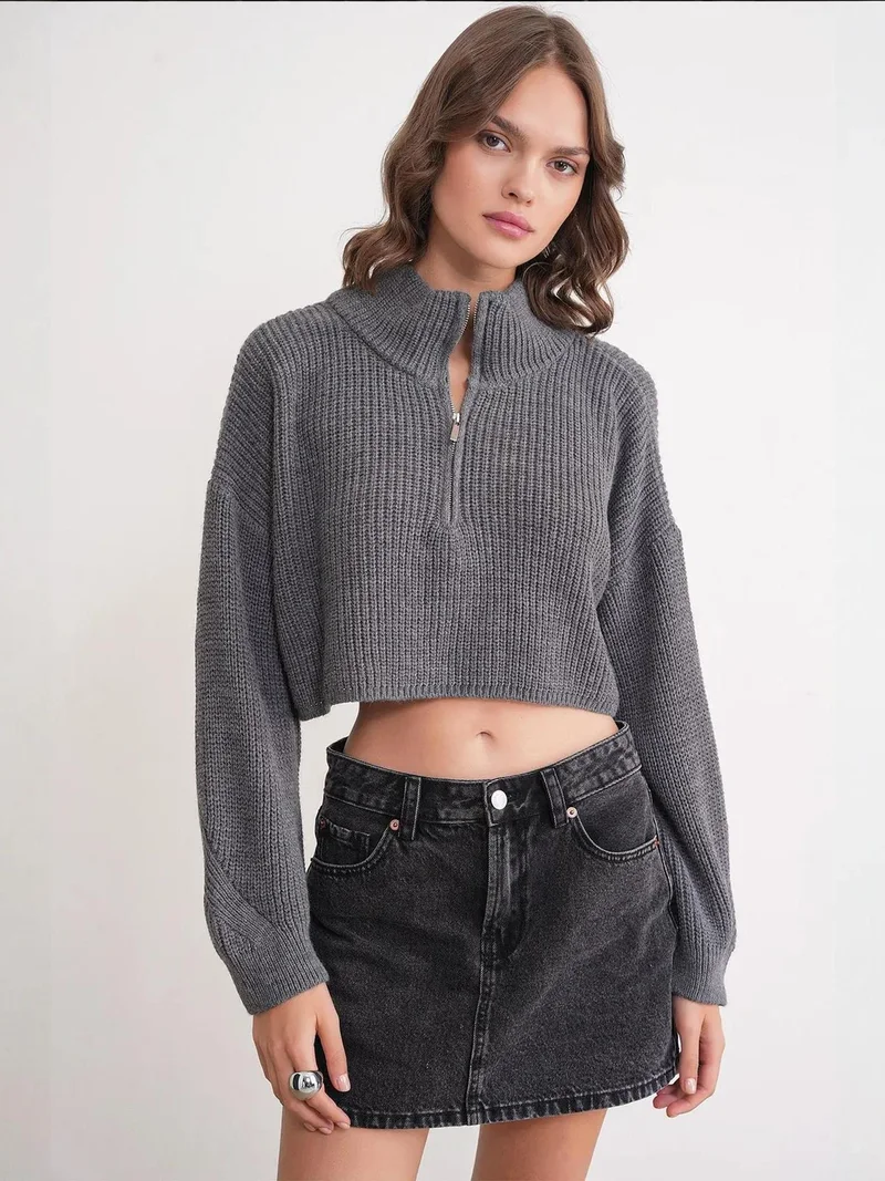 MixRay Mixray Textured Long Sleeve Zipped Collar Sweater