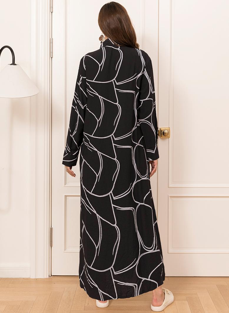 FridayIn Casual Lapel Printing Buttons Regular sleeve Long Dresses Black - Image 2