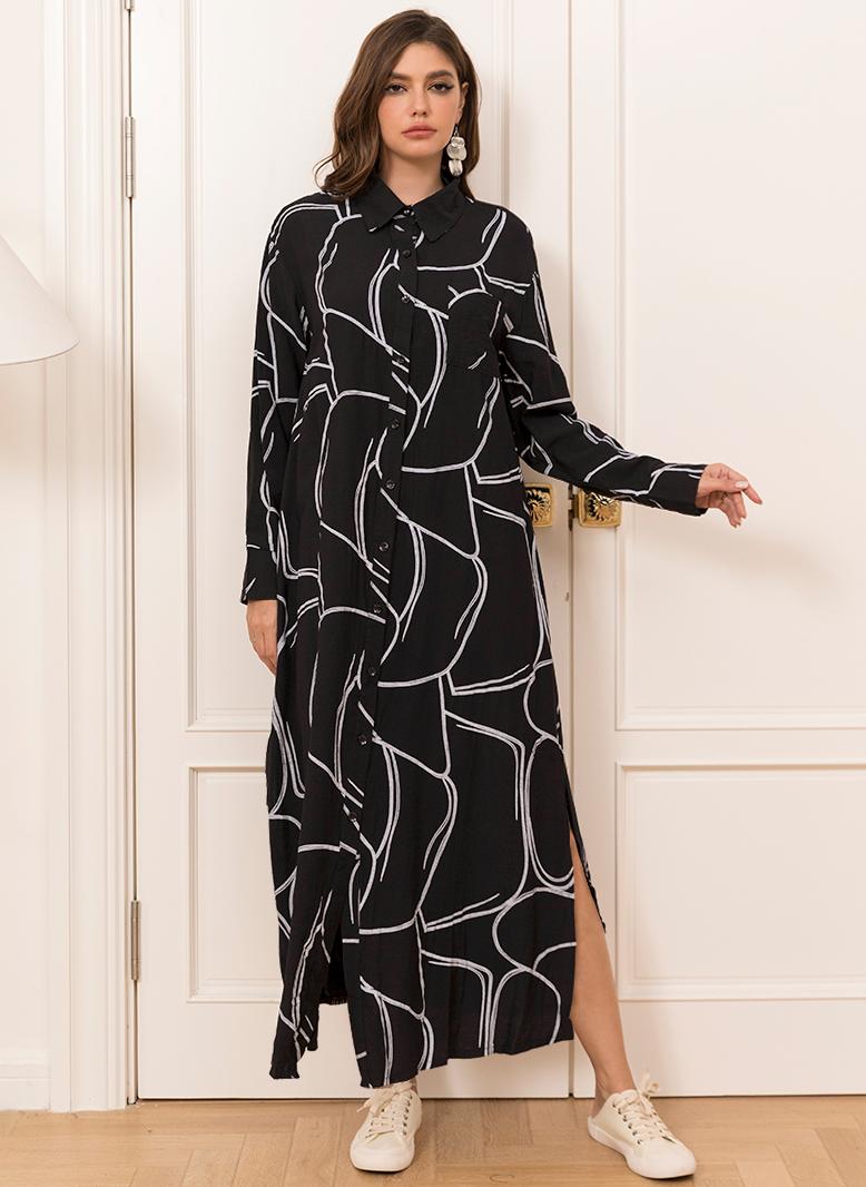 FridayIn Casual Lapel Printing Buttons Regular sleeve Long Dresses Black - Image 5