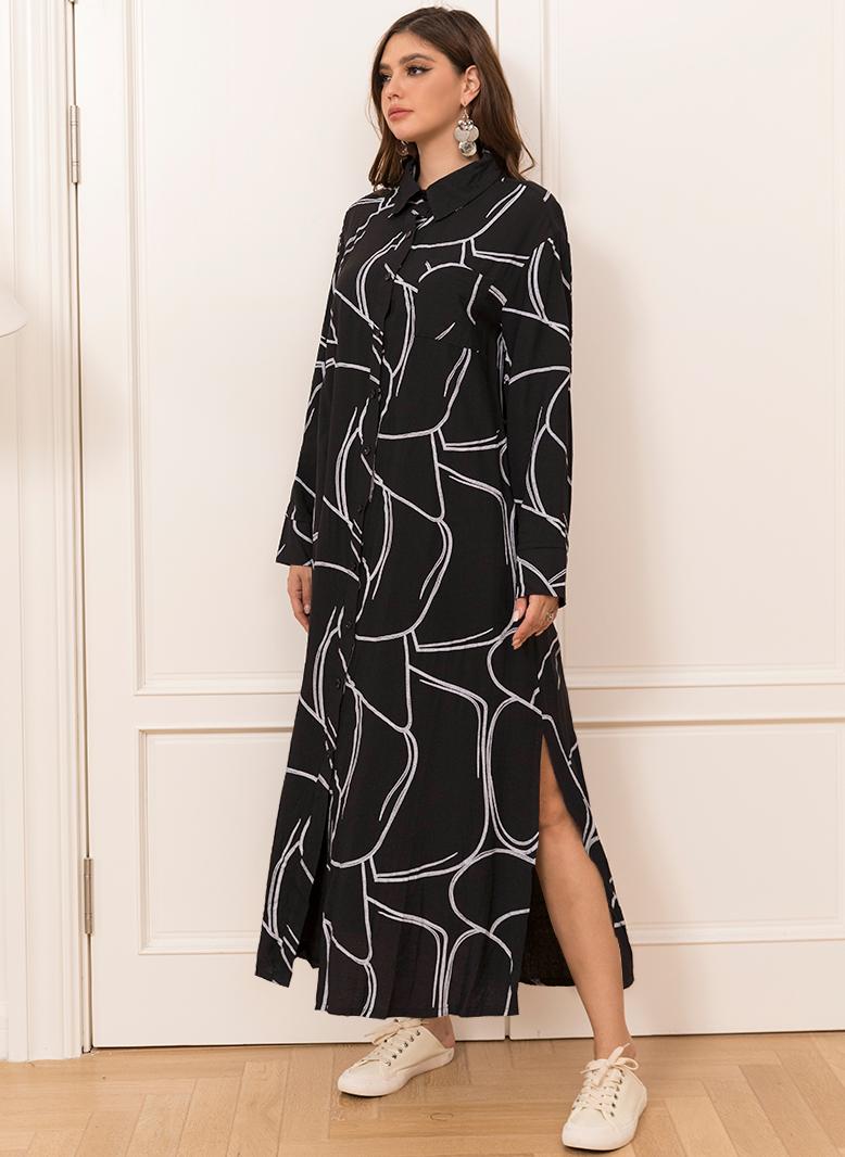 FridayIn Casual Lapel Printing Buttons Regular sleeve Long Dresses Black - Image 3