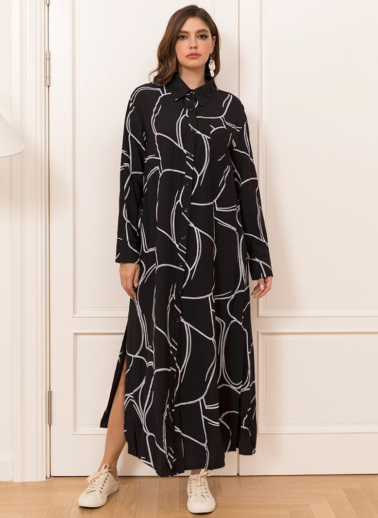 FridayIn Casual Lapel Printing Buttons Regular sleeve Long Dresses Black - Image 1