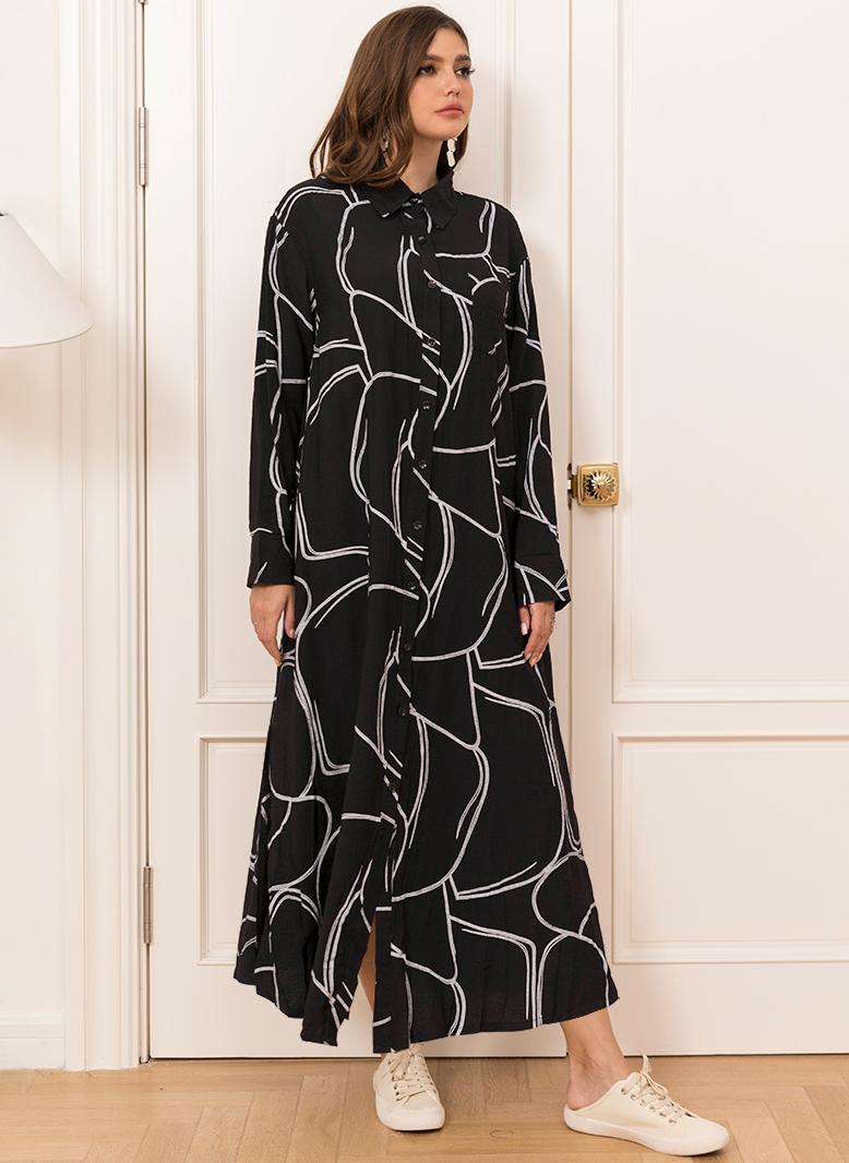 FridayIn Casual Lapel Printing Buttons Regular sleeve Long Dresses Black - Image 4