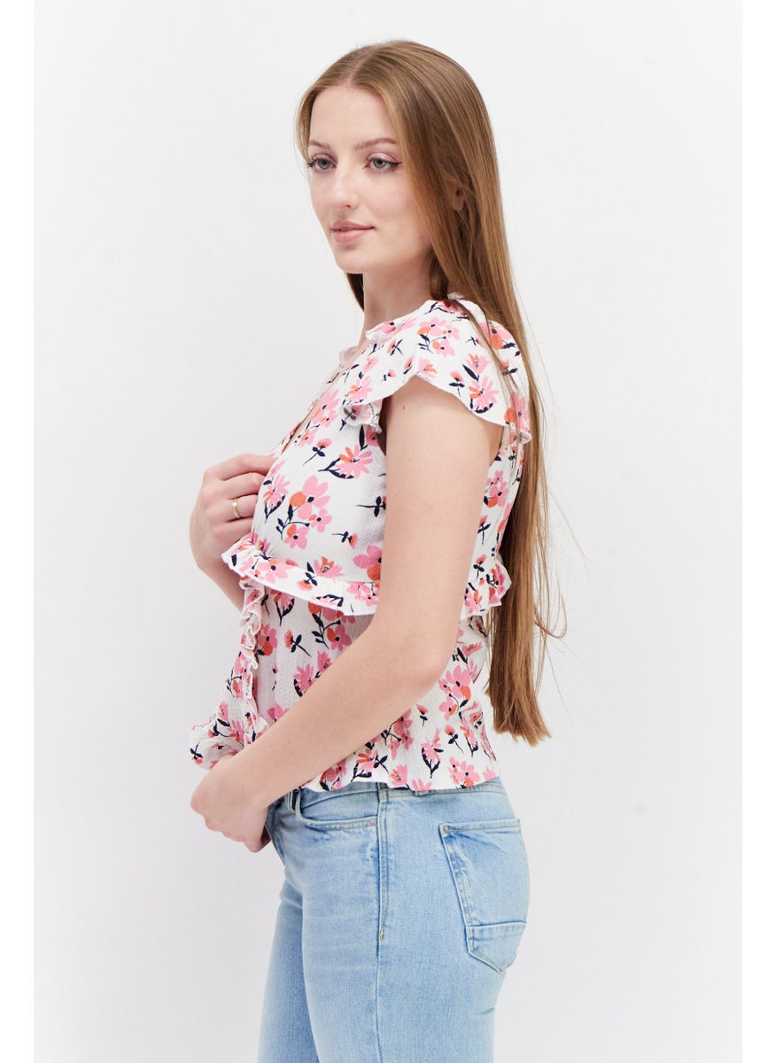 RIVER ISLAND Women V-Neck Short Sleeves Allover Print Top, White Combo  - Image 3