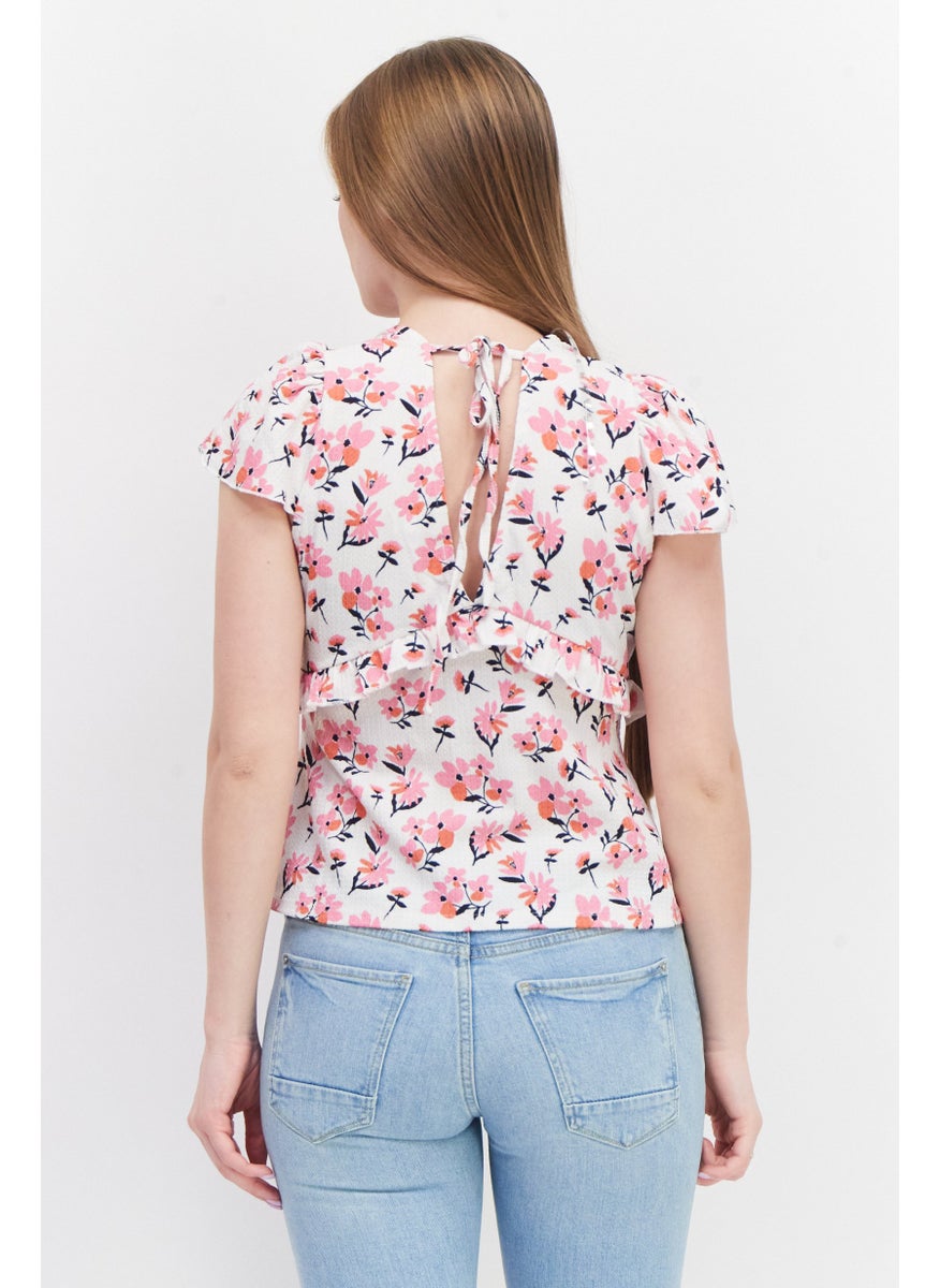 RIVER ISLAND Women V-Neck Short Sleeves Allover Print Top, White Combo  - Image 4