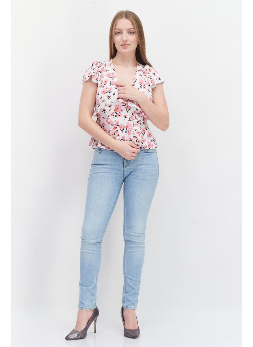 RIVER ISLAND Women V-Neck Short Sleeves Allover Print Top, White Combo  - Image 2