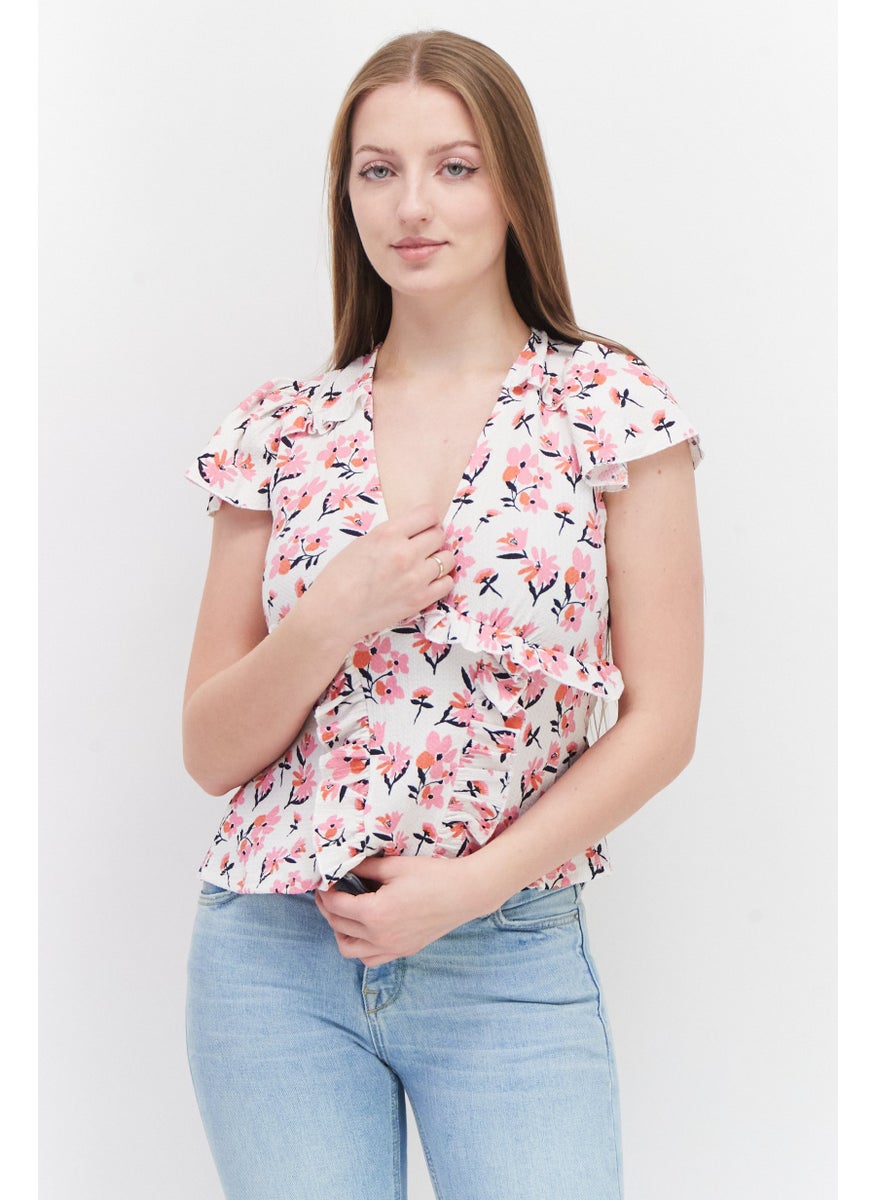 RIVER ISLAND Women V-Neck Short Sleeves Allover Print Top, White Combo  - Image 1