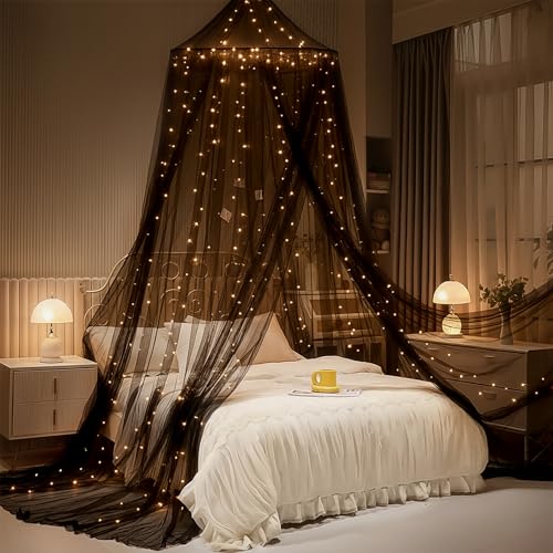YEERSWAG Bed Canopy with Lights, Bed Canopy for Girls Princess with Luminous Stars, Canopy Bed Curtains for Twin to King Size Bed, Baby Kids Adult Indoor Decor Bedroom Reading Nook Halloween Decoration (Black) - Image 1