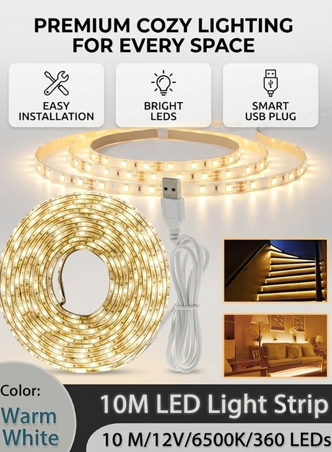 Comysubao 2Pack 5M Warm White LED Strip Light 6500K, 12V Dimmable Tape Light, Cuttable Self-Adhesive Not Waterproof, 360 LEDs for Bedroom Mirror Kitchen Home Decor - Image 1