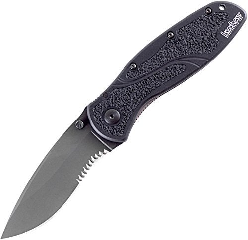 Kershaw كيرشو بلور، أسود مسنن (1670BLKST)؛ سكين قابلة للطي بجسم أسود بالكامل، شفرة فولاذية 3.4 بوصة 14C28N مسننة جزئيًا، مقبض من الألمنيوم المؤكسد مع قبضة تراك-تيك، مشبك جيب قابل للعكس؛ 3.9 أونصة - Image 1