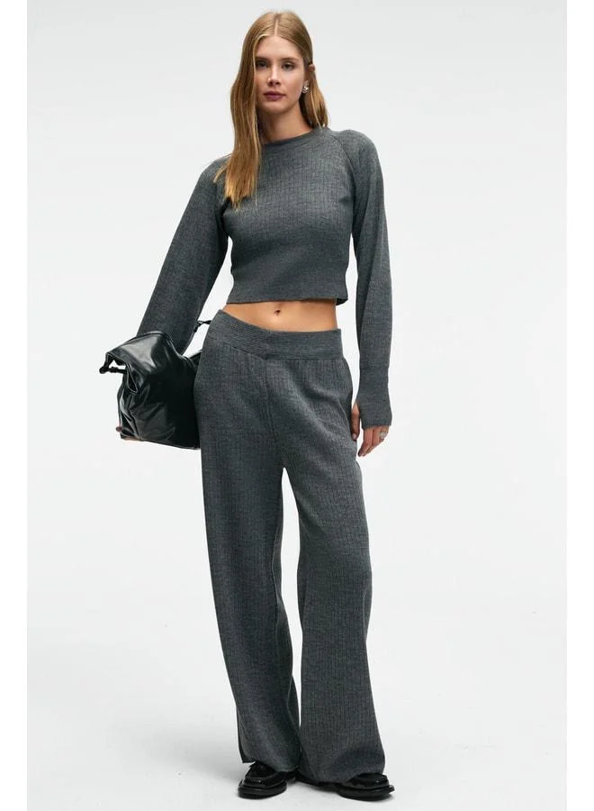 Grimelange MARIPOSA Women's Round Neck Stripe Pattern Crop Wide Leg Knit Anthracite Top-Set.
