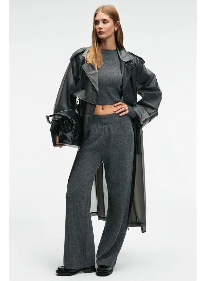 Grimelange MARIPOSA Women's Round Neck Stripe Pattern Crop Wide Leg Knit Anthracite Top-Set.