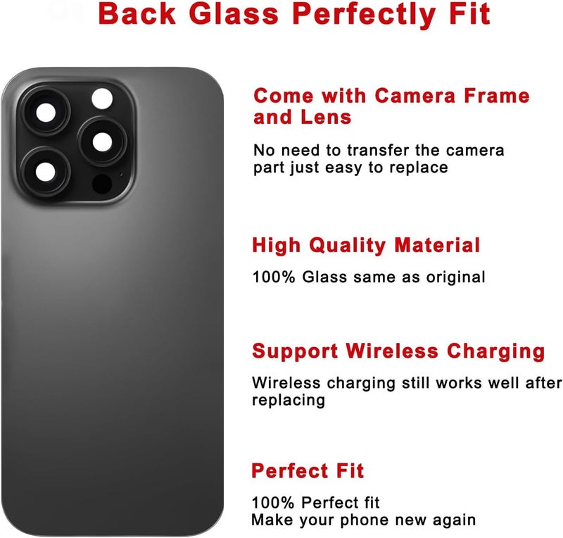 Perzework Rear Back Glass Replacement for iPhone 16 Pro Max 6.9-inches+ Pre-Installed Plate and Camera Frame and Lens + Reparing Tool Kit (Black Titanium) - Image 3