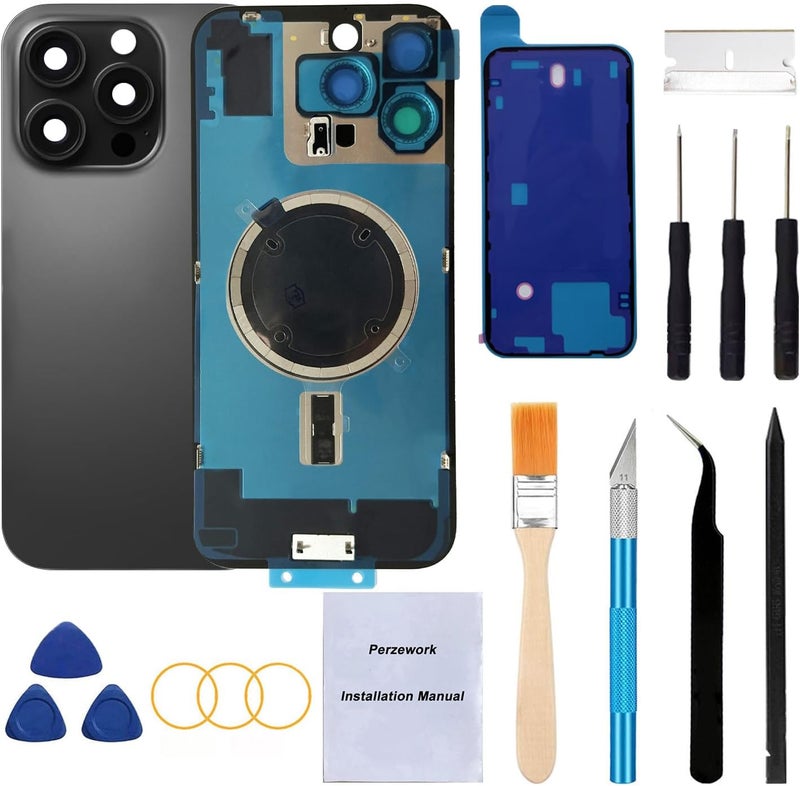 Perzework Rear Back Glass Replacement for iPhone 16 Pro Max 6.9-inches+ Pre-Installed Plate and Camera Frame and Lens + Reparing Tool Kit (Black Titanium) - Image 1