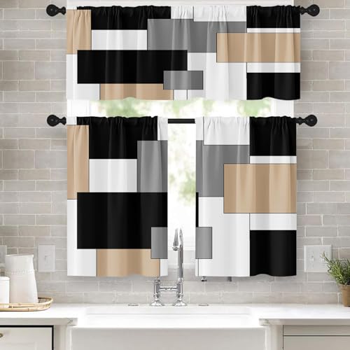 Tayney Beige Kitchen Window Curtains Valance and Tier Set 36 Inch, Black Grey White Modern Rod Pocket Short Tier Curtain for Bathroom, Abstract Art Small Cafe Drapes for Decor - Image 1
