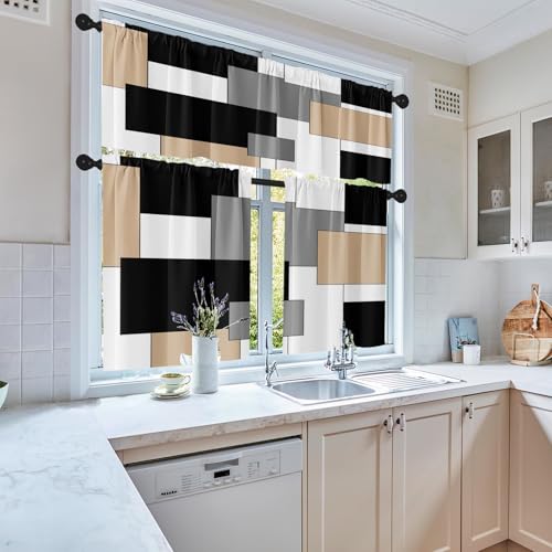 Tayney Beige Kitchen Window Curtains Valance and Tier Set 36 Inch, Black Grey White Modern Rod Pocket Short Tier Curtain for Bathroom, Abstract Art Small Cafe Drapes for Decor - Image 5