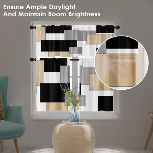 Tayney Beige Kitchen Window Curtains Valance and Tier Set 36 Inch, Black Grey White Modern Rod Pocket Short Tier Curtain for Bathroom, Abstract Art Small Cafe Drapes for Decor - Image 2