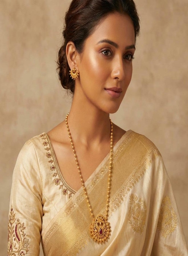 طقم عقد تقليدي من الذهب من AAIKU مع قلادة من الحجر الأحمر والأخضر وأقراط متناسقة (255-30 بوصة) - Image 5