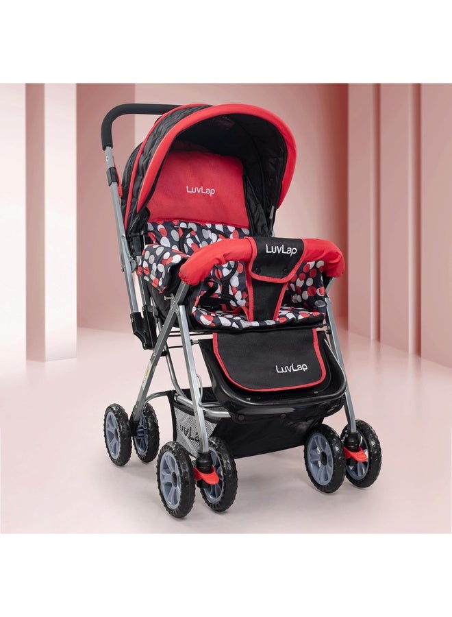 Luvlap Sunshine Baby Stroller/Pram for 0 to 3 Years, New Born/Toddler/Kid, 5 Point Safety Harness, Adjustable backrest, 360° Swivel Wheel, Large Storage Basket, Reversible Handlebar (Red) - Image 2