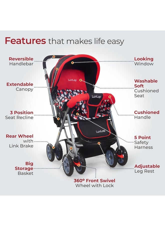 Luvlap Sunshine Baby Stroller/Pram for 0 to 3 Years, New Born/Toddler/Kid, 5 Point Safety Harness, Adjustable backrest, 360° Swivel Wheel, Large Storage Basket, Reversible Handlebar (Red) - Image 3