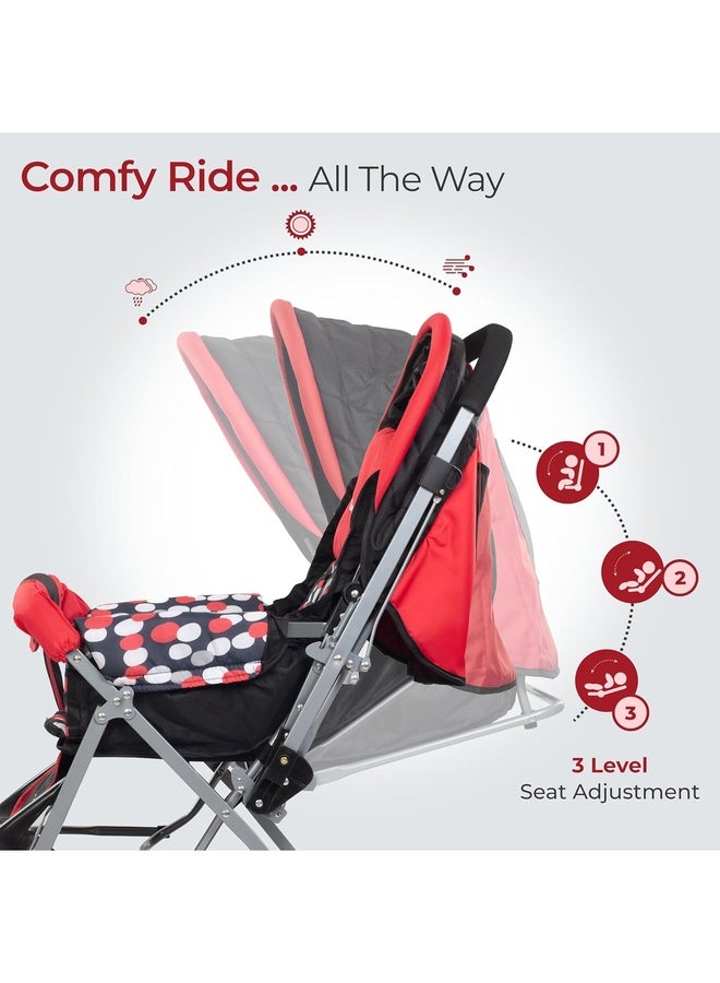 Luvlap Sunshine Baby Stroller/Pram for 0 to 3 Years, New Born/Toddler/Kid, 5 Point Safety Harness, Adjustable backrest, 360° Swivel Wheel, Large Storage Basket, Reversible Handlebar (Red) - Image 5