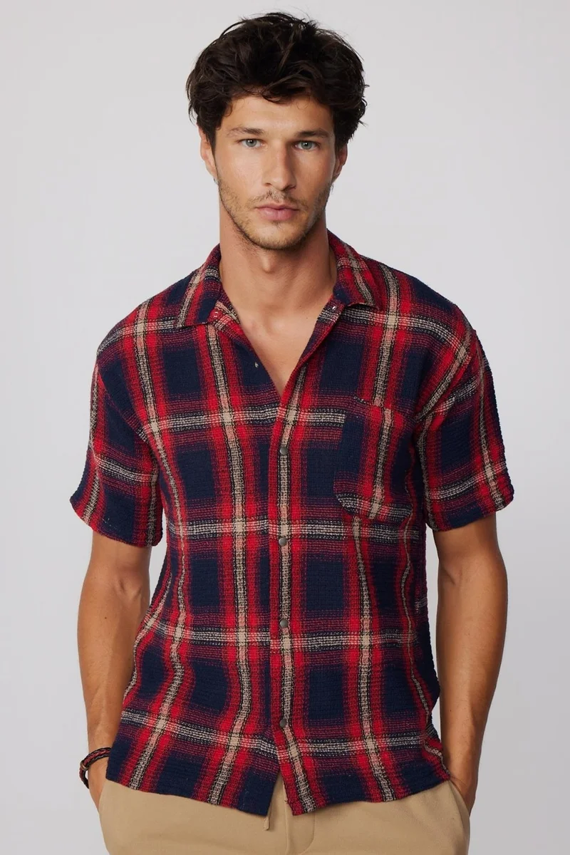 تودورس Relax Fit Short Sleeve Studs Checked Honeycomb Knit Men's Shirt