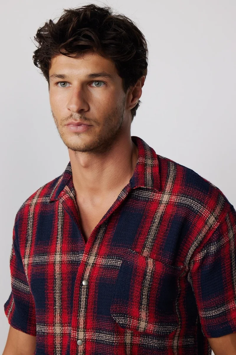 تودورس Relax Fit Short Sleeve Studs Checked Honeycomb Knit Men's Shirt