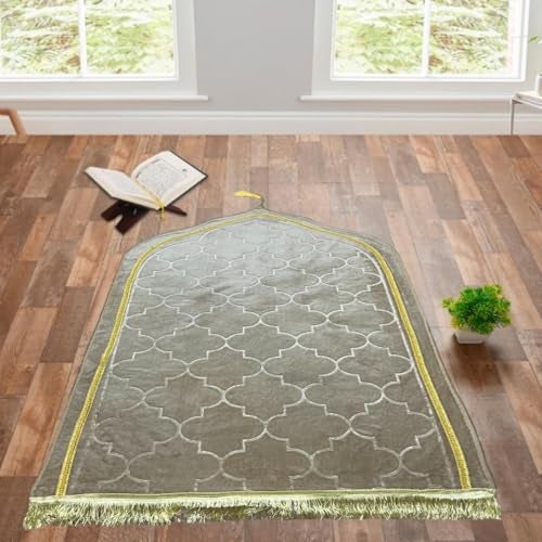 KETOSTICS® Velvet Prayer Mat 44x28 inch Hexagonal Musalla Janamaz for Namaz Muslim Brown (Light Grey) - Image 1