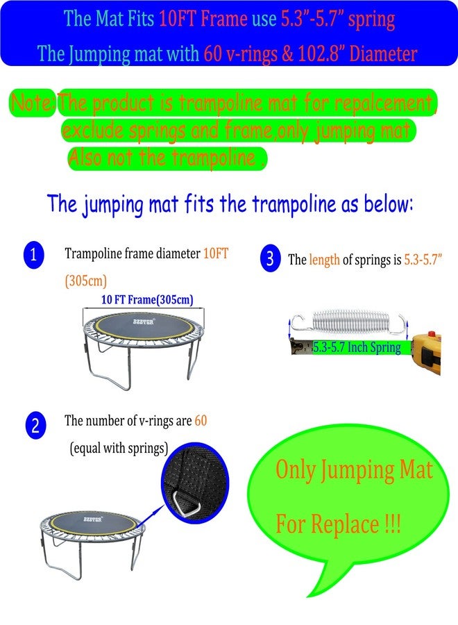 Bzzter Trampoline Replacement Mat 10ft，Trampoline Mat Fit 10ft Frame with 60 Rings 102.8 Inch Diam Match 5.3-5.7 Inch Spring, Without Frame and Springs(Only Trampoline Mat), w/Spring Tool and Gloves - Image 2