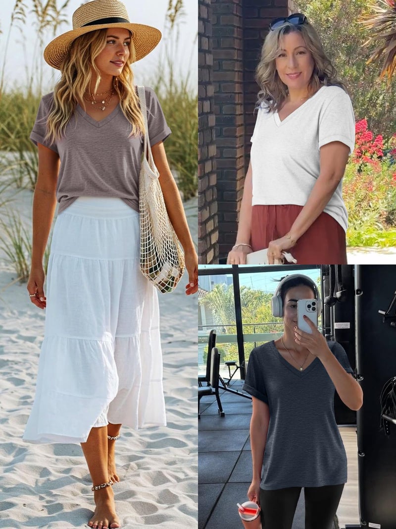 ATHMILE Womens T Shirts for Women Short Sleeve V Neck Basic Tees Tunic Tops Loose Fit Casual Summer Outfits Clothes Beach - Image 4