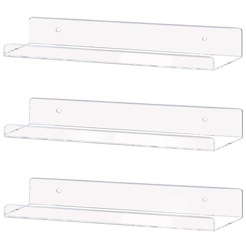 Weiai Clear Acrylic Shelf 15"" Invisible Floating Wall Ledge Bookshelf Kids Book Display Shelves Wall Mounted (15 Inch 3Pack) - Image 1