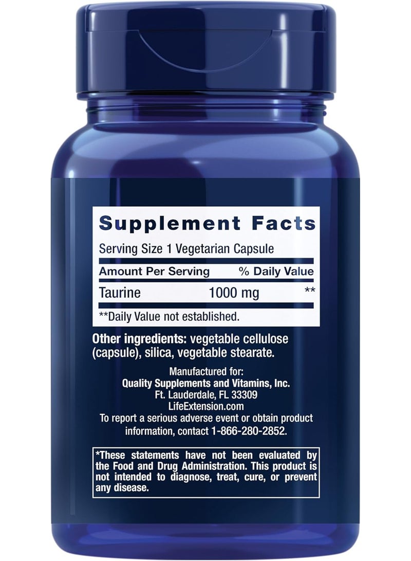 Life Extension Taurine, Pure Taurine Amino Acid Supplement, Heart, Liver and Brain Health, Longevity, Muscle and Exercise, 1000 mg dose, Non-GMO, Gluten-Free, Vegetarian, 90 Vegetarian Capsules - Image 2