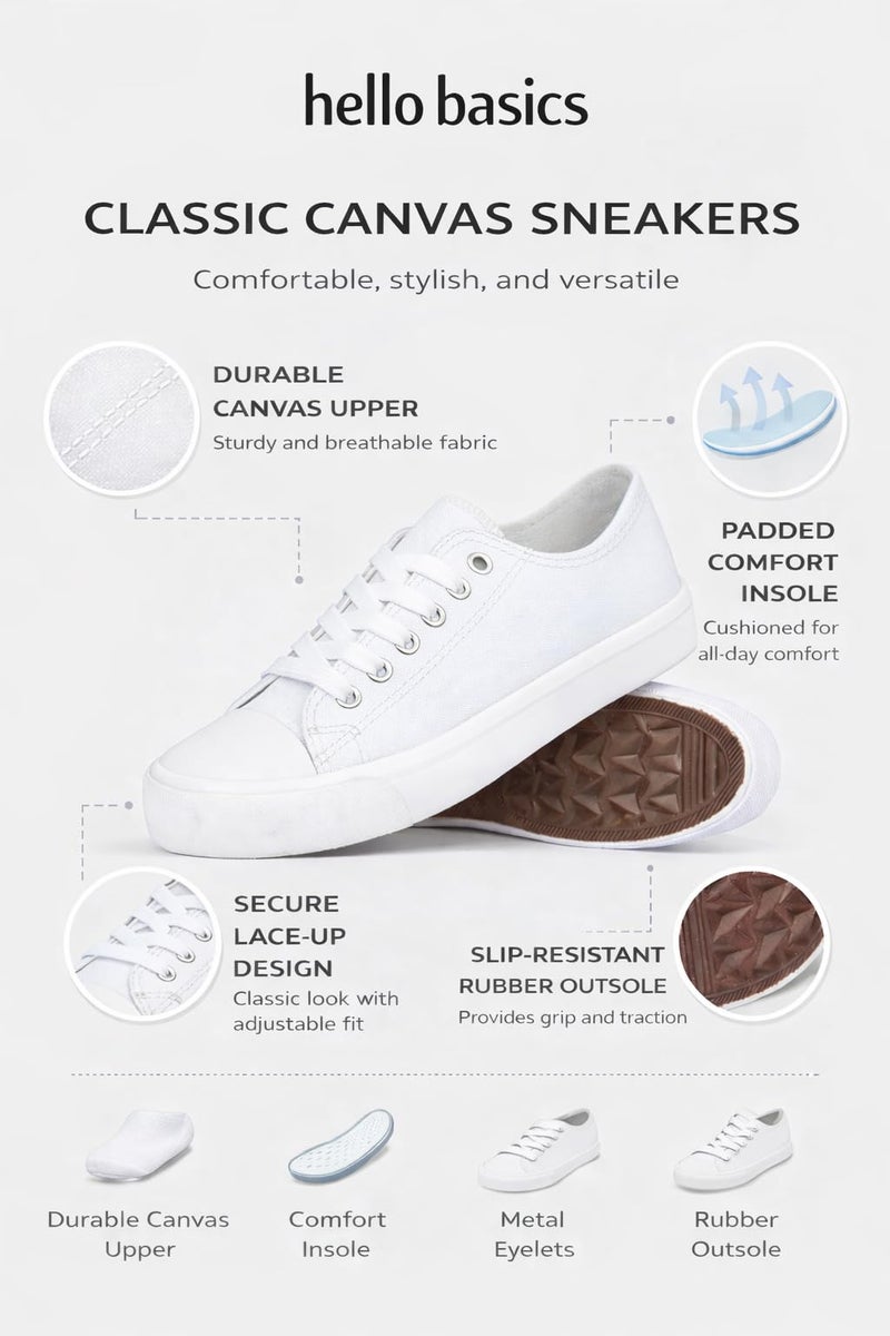 hello basics Canvas Shoes for Women Casual Low Top Women's Fashion Sneakers Slip on for Women (8, White) - Image 3