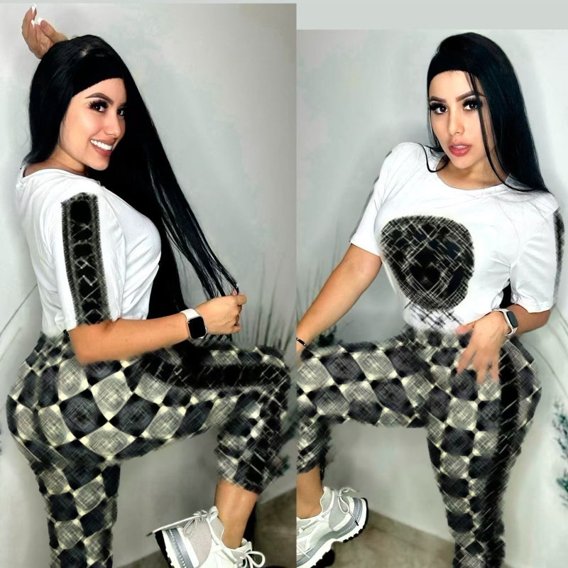 Q6220 European and American cross-border womens autumn new elegant printing casual two-piece suit 2 color in stock No. 2 black fansi
