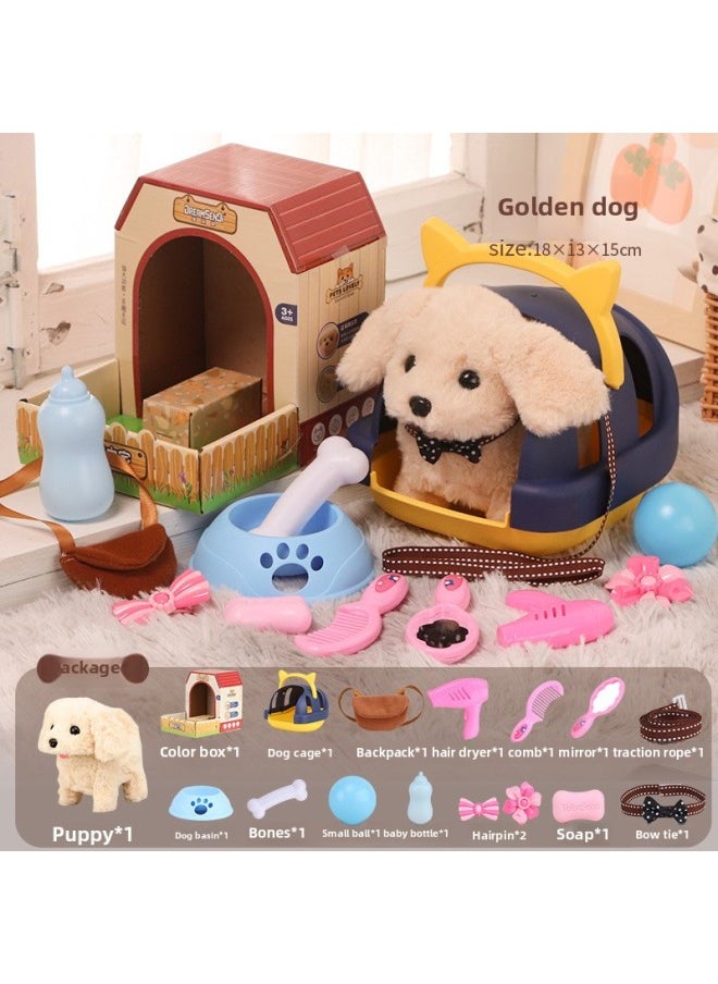 Children's Pet Dog Toy Walking Electric Simulation Plush Dog Will Call Boys And Girls Baby Cute Pet Dog Electronic Dog-Color:Golden Retriever Package 2: Standard Dog Cage Bow Tie 4-piece Set Dressing 6-piece Set-Specifications:[battery Version] Battery Screwdriver  - Image 1