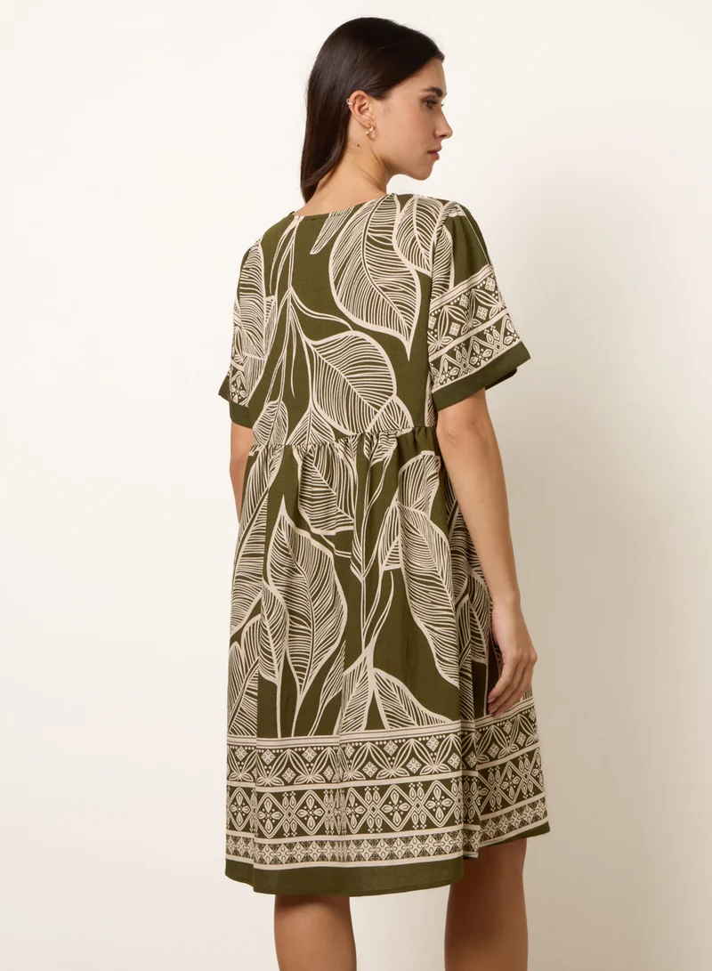 Blue Vanilla Dress With Tropical Leaf Print