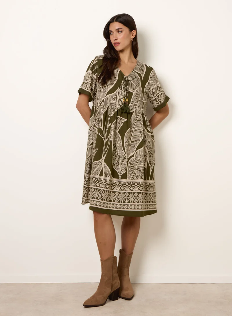 Blue Vanilla Dress With Tropical Leaf Print