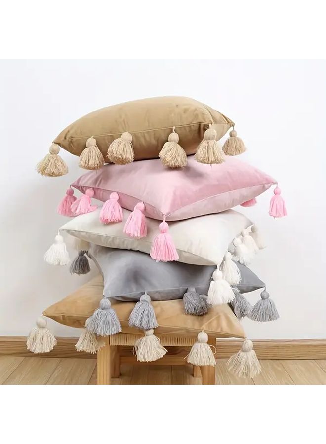 Retro Velvet Tassel Throw Pillow Cover Taupe 12x20 Inches Geometric Cushion Case - Image 1