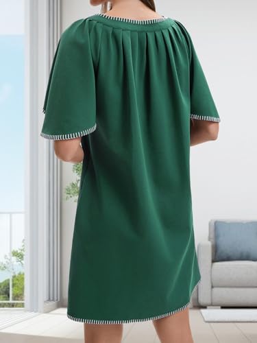 HOULENGS Women's Summer Flutter Short Sleeve A Line Mini Dress Casual Contrast Trim V Neck Short Dress with Pockets Green X-Large - Image 2
