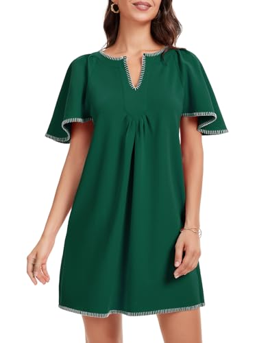 HOULENGS Women's Summer Flutter Short Sleeve A Line Mini Dress Casual Contrast Trim V Neck Short Dress with Pockets Green X-Large - Image 1
