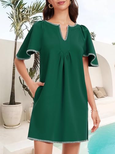 HOULENGS Women's Summer Flutter Short Sleeve A Line Mini Dress Casual Contrast Trim V Neck Short Dress with Pockets Green X-Large - Image 3